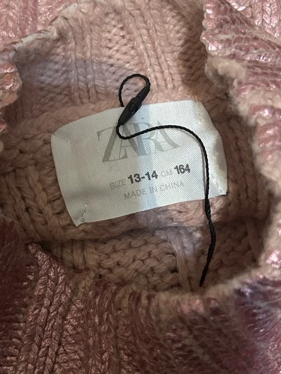 ZARA Girls Metallic Pink Cable Knit Cropped Sweater Shimmer Knit Mock Neck XS - Picture 9 of 9
